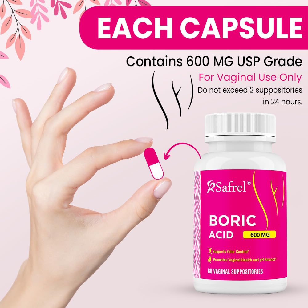 Safrel Boric Acid Vaginal Suppositories - 60 Count (1-Pack) – 100% Pure USA-Made, Supports Intimate